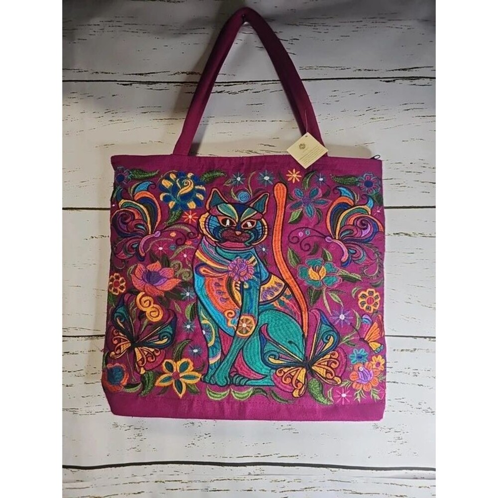 Lucia’s Imports Guatemalan Embroidered Cat Tote Bag Fair Trade Mayan Textile